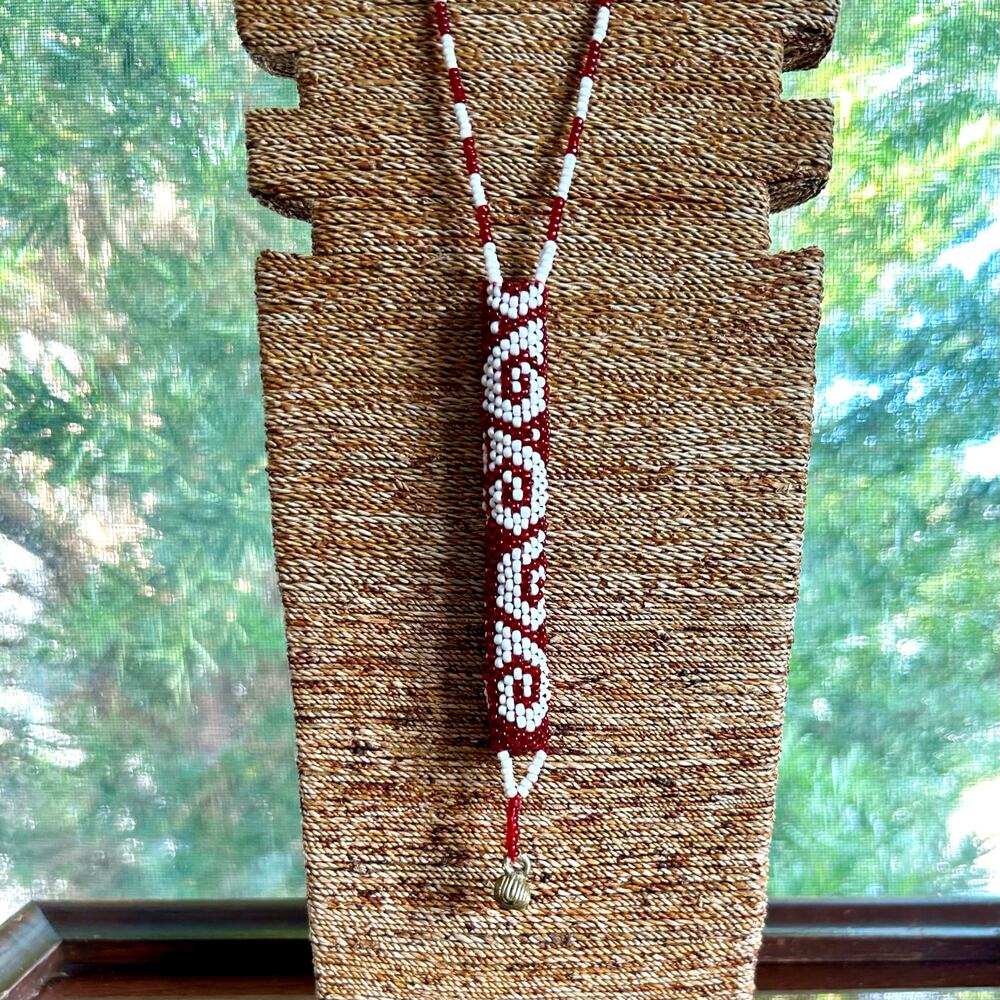 Vintage Red and White Seed Bead Necklace with Woven Beaded Pendant